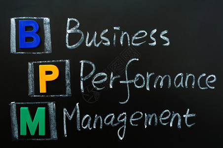 BPM企业绩管理的缩略语写在黑板上木制的缩写复空间图片