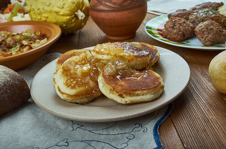 盘子小吃欧洲的Jastapannkakor瑞典煎饼自制烹饪传统菜类顶级视图背景图片