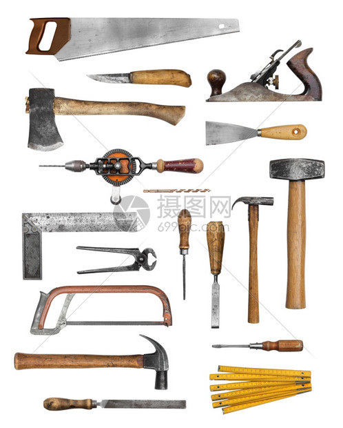 旧木匠手工具套件在白色上隔离收藏工作螺丝刀老的图片