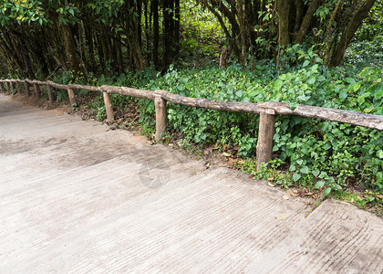 美丽的日志脚步混凝土楼梯高山自然足迹的木栅栏围图片