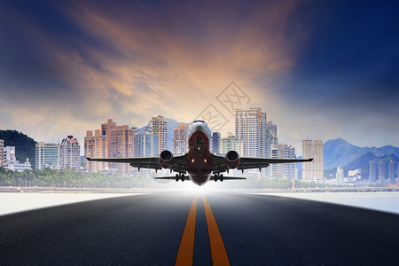 建造行业飞机从城市场跑道起飞用于空运和商营货物流业的空中输和商业货物流降落设计图片