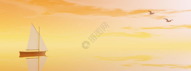 海洋一艘小帆船在海鸥附近水面上静悄漂浮由橙色日落沿漂浮的帆船在日落3D形象的湖图片