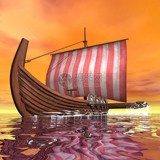 游艇插图日落3D时在海上漂浮的德拉卡或维京船使成为图片