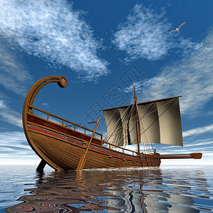 古希腊帆船在白天3D时漂浮在海洋上桅杆地平线使成为图片