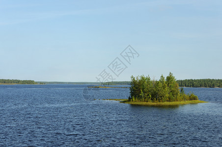 木头衬套户外在俄罗斯卡雷利亚有小岛的大湖桑尼夏日图片