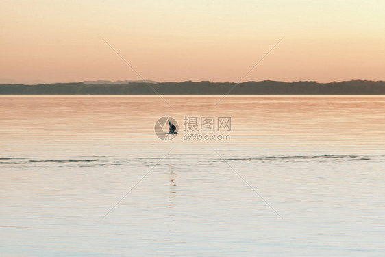 一种红橙色和海鸥在水面上飞翔的焦米西湖中惊人的日落情绪户外图片