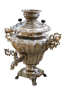 白色背景的老俄罗斯蓝马座孤立式A茶炊铜水壶图片