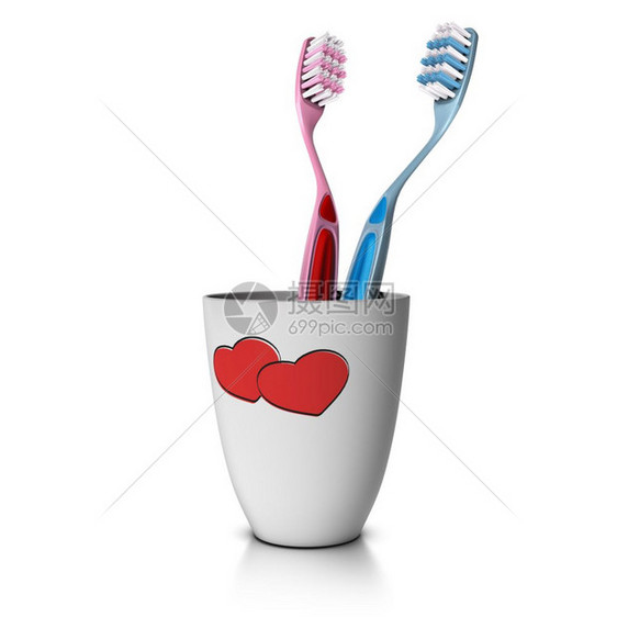 3D插图用两个牙刷在白色背景上的牙齿杯爱概念和夫妻同居的情侣共生活男朋友学期的图片