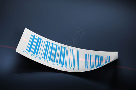扫描条码代码深蓝色背景上的条码贴纸和激光束阅读一种背景