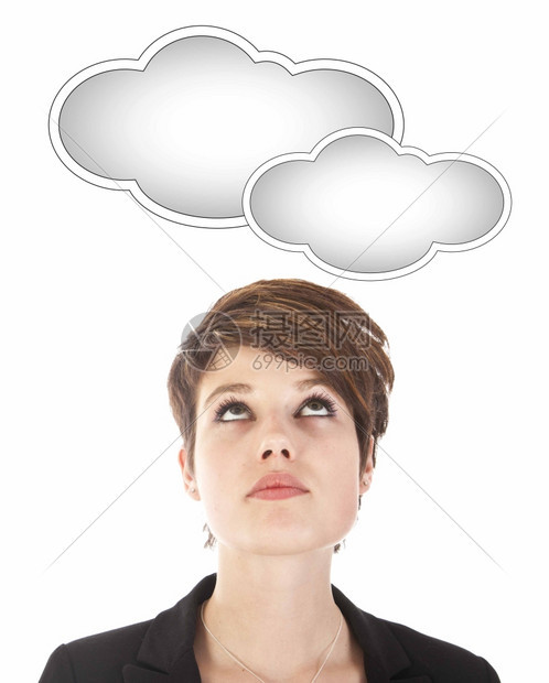 年轻女看着白背景孤立的云朵在白色背景中脸随意的成人图片