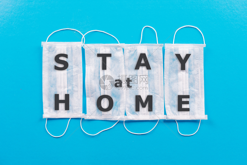 以青蓝背景最上视图的色蓝背景带文字的医学面罩留在家中污染医院青色高清图片下载 正版图片 摄图网