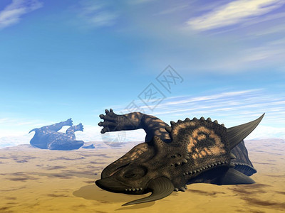 史前灭绝动物由于缺水而死在沙漠中的两只恐龙3D变形图片