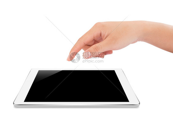 药片剪裁女手触摸着模拟平板电脑与里面的剪切路径隔绝软垫图片