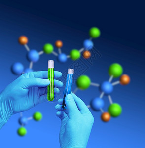 液体化学手握试验管分子模型背景底部测试管的分子模型科学绿色背景图片