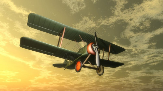 目的日落时在天空中飞行的双翼机3D渲染日落时的双翼飞机渲染航空赖特图片