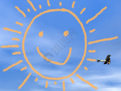 抽烟飞蓝色天空中双层烟雾的大黄色微笑太阳图片