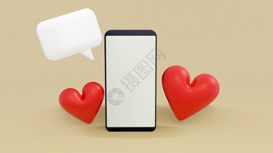 浪漫的聪明信息红色心空白智能手机屏幕近3D展示约会应用程序概念爱文本聊天情人节长距离关系等插图以及图片