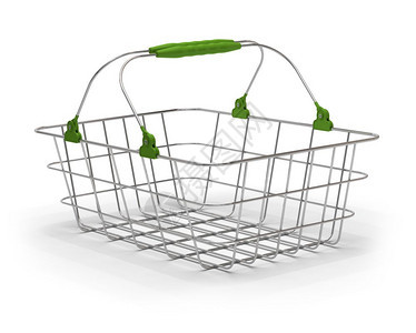 白色背景空金属篮子上的绿色金属篮子单身的超级市场零售图片