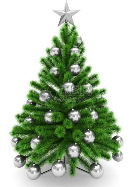 反思圣诞树上装饰着银的圣诞球和明星孤立在白色3D铸造快乐的金属图片