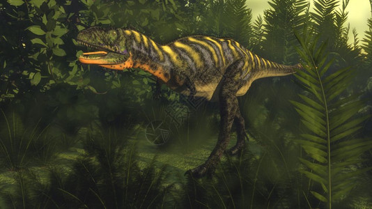 史前木星恐龙行走在兰和尼帕植物之间3D化成木松恐龙3D化成木薯恐龙天空白垩纪图片