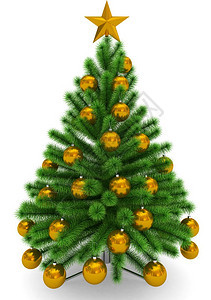 魅力圣诞节树上装饰着金黄色圣诞球和明星的树孤立在白色3D铸造安排好的图片