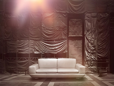 房间黑色的地点戏剧阶段建筑工地脚手架帆布图林画背景白皮沙发画布背景图片