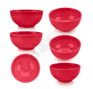 白色背景的红碗陶器单身的厨房图片