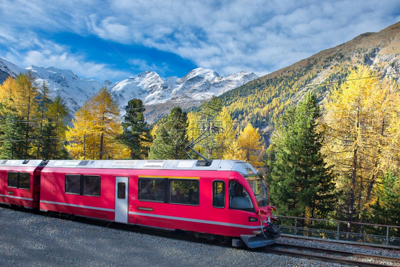 谷瑞士人表示山火车BerninaExpress于秋天与冰川穿越阿尔卑斯山图片