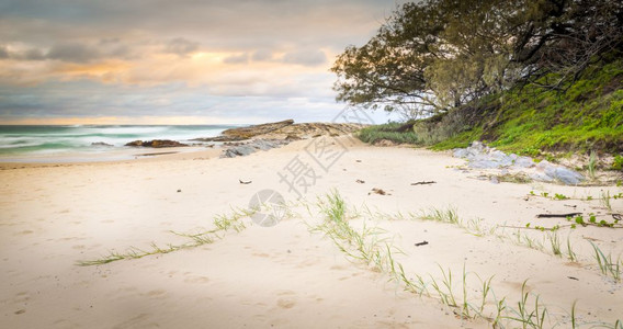 水美丽的Stradbroke岛海滩日出在澳大利亚昆士兰的海滩上跨界图片