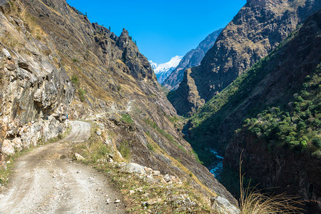 高的游客亚洲尼泊尔春日喜马拉雅山的泥土路图片