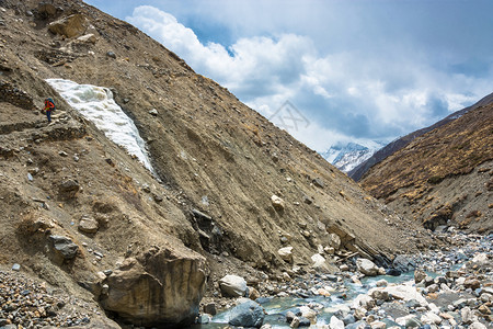 结石2018年4月6日在尼泊尔Annapurna周围的赛道上独自徒步登山者Nepal064218美丽旅行图片