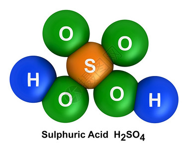 原子插图白色背景上分离的硫酸子结构3d成型以色状和化学符号表列为氢H蓝色氧化物绿色硫磺橙的代号象征图片