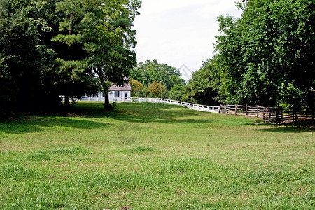 设置路障白色殖民化木制农舍有草地和树木前面有白栅栏用围着场地图片