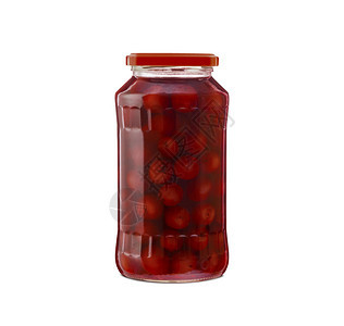 小路喝新鲜的樱桃装在玻璃罐中孤立于白底有剪切路径图片