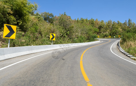 带有障碍和警告曲线路标志的森林道天高速公绿色图片