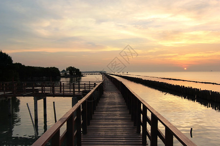 海滩边有美丽的日出背景木制防波堤日落码头图片