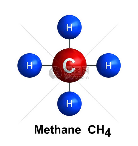蓝色的代表超过3d白底原子上分离的甲烷子结构转化以色度和学符号标为氢H蓝色碳C红的颜和化学符号编码区域图片