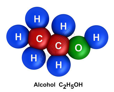 科学白底烟雾中分离的酒精子结构3d转化成以色和学符号表列为含氢H蓝色氧O绿碳C红的颜和化学符号编码区域蓝色的原子图片