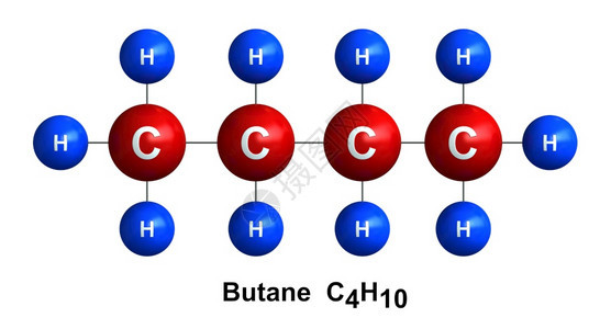 超过背景原子白色上的丁烷分离子结构的3d转化成Atoms以色度和化学符号标为氢H蓝色碳C红插图图片