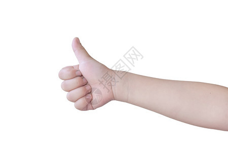 白背景和剪切路径上用拇指隔绝的幼手童年身体人们图片