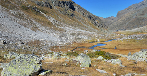 结石范围小河在黄草和石头下穿过高山小河在黄草和石头蓝天下穿过高山欧洲图片