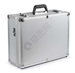 贮存在白色背景上隔离的铝安全金属公文包铝安全闪亮的工具箱图片