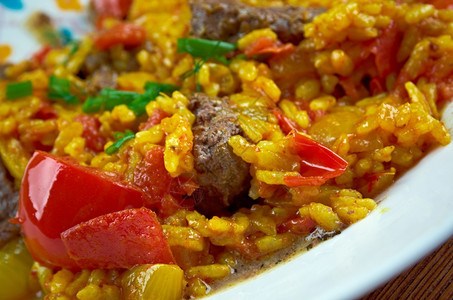 东印度比里亚尼大米食肉红花大米热的藏煮熟图片
