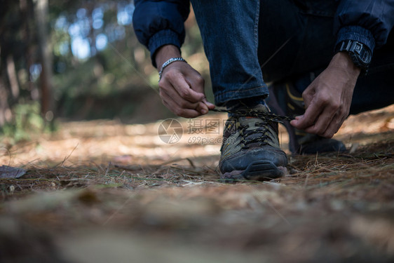 搭售树叶冒险年轻登山男子在森林中放假背包时将鞋上的带系年轻登山男子在度假后把鞋上的带绑图片