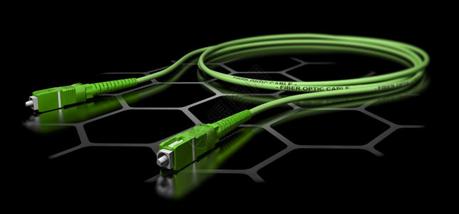 纤维光学的沟通3D说明黑色背景宽带网络设备上绿色光纤宽线条的绿色光纤插图Fiber光谱电缆图片