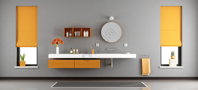 室内的灰色龙头现代浴室用洗盆灰色和橙黄现代浴室用在架子上建造的洗浴盆3D图片