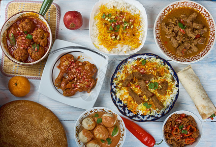 阿查里富汗乌辛中亚各式传统菜盘顶视等放沙洛背景图片