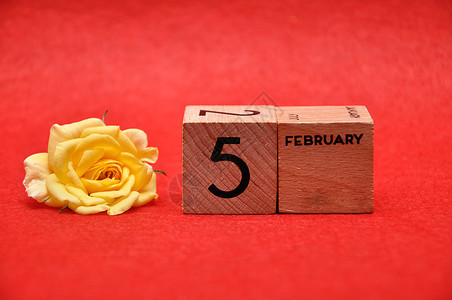 盛开黄色的2月5日在红底带黄玫瑰的木制块上丰富多彩的图片