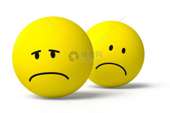 伤心悲哀特点两个黄色的3DDmoji符号悲伤和不愉快的图标一起在白色背景上投影图片
