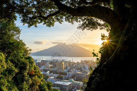 日出时的鹿儿岛和远处的火山图片